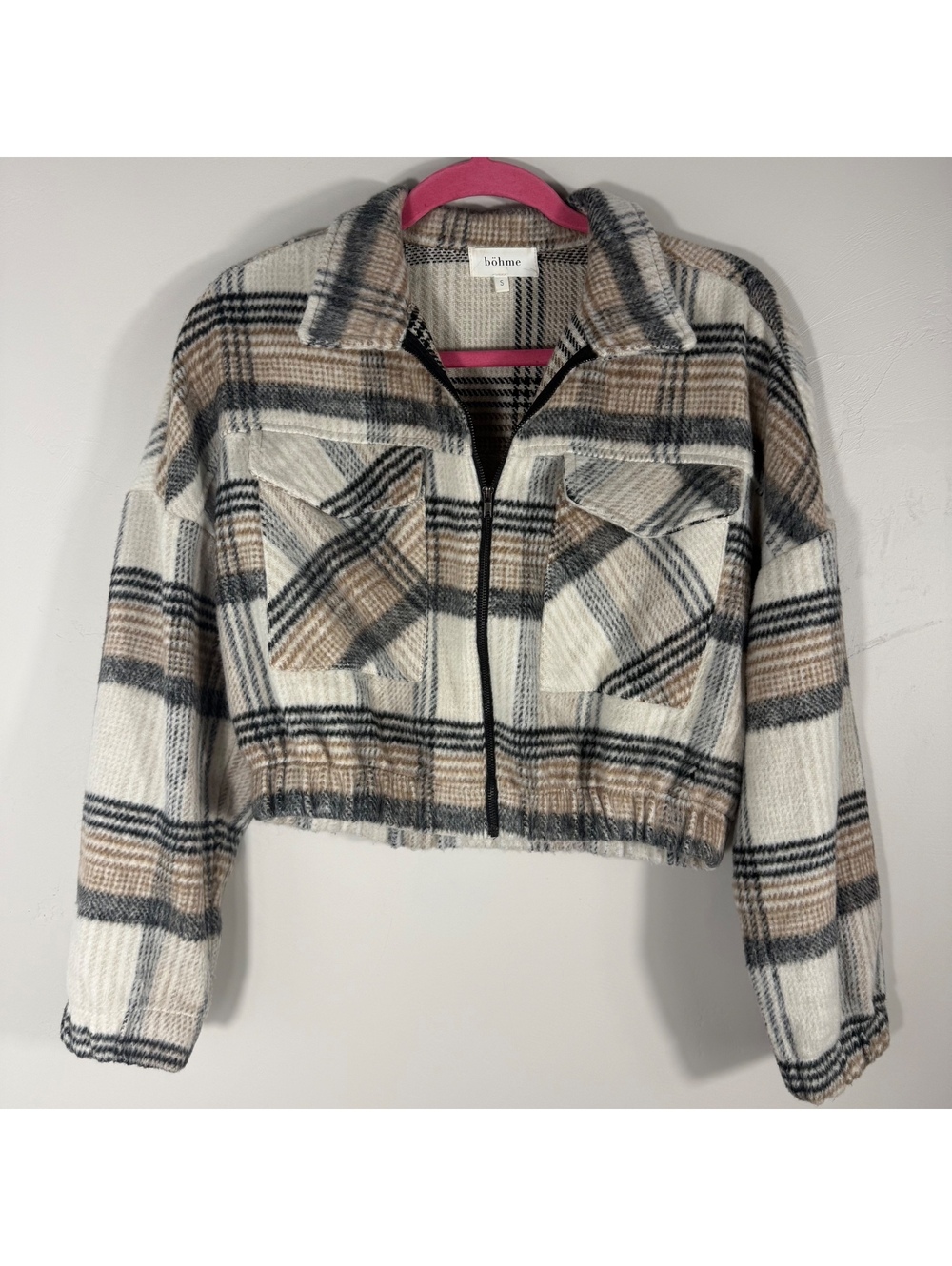Böhme Plaid Cropped Jacket Shacket Zip Front Utility Pockets Tan Cream Black | S